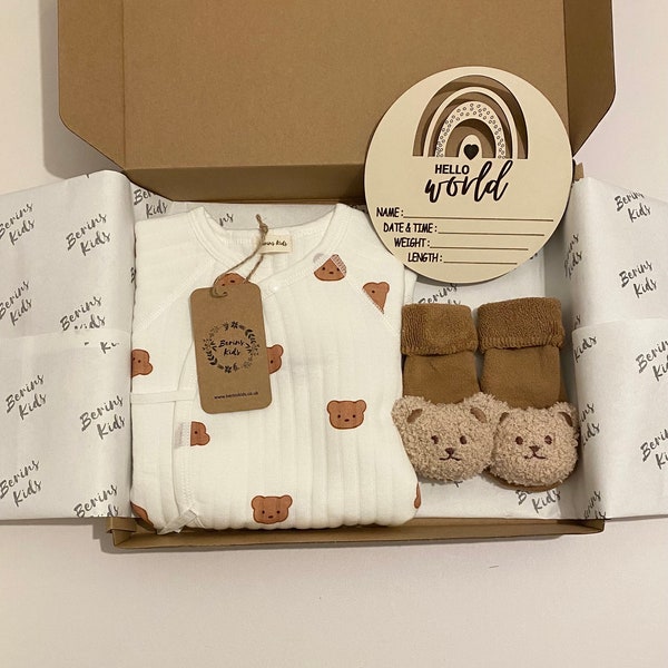 Newborn Bear Gift Set of 3 | Multi Bears Cotton Romper, Caramel Bear Socks, Wooden Name Announcement Disc | Cute Baby Gift for Babyshower