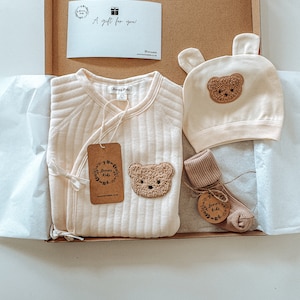 Personalized Baby Bear Gift Set | Cream Cotton Romper, Beige Socks, Bear Beanie