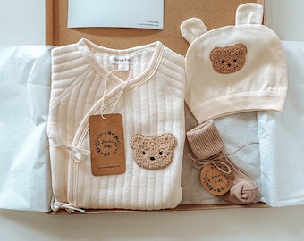 Personalised Baby Bear Gift Set of 3| Peachy Cream Cotton Romper, Beige Socks, Bear Beanie Hat | Cute Gender Neutral Gifts for Babyshower