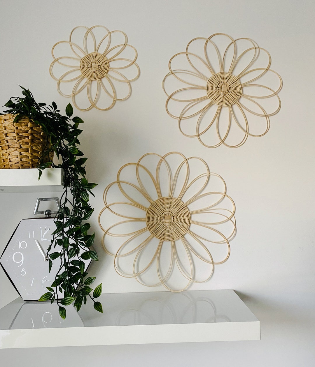 Handmade 3X Rattan Flower Wall Hanging Chic Style Wall Decor Boho Decor
