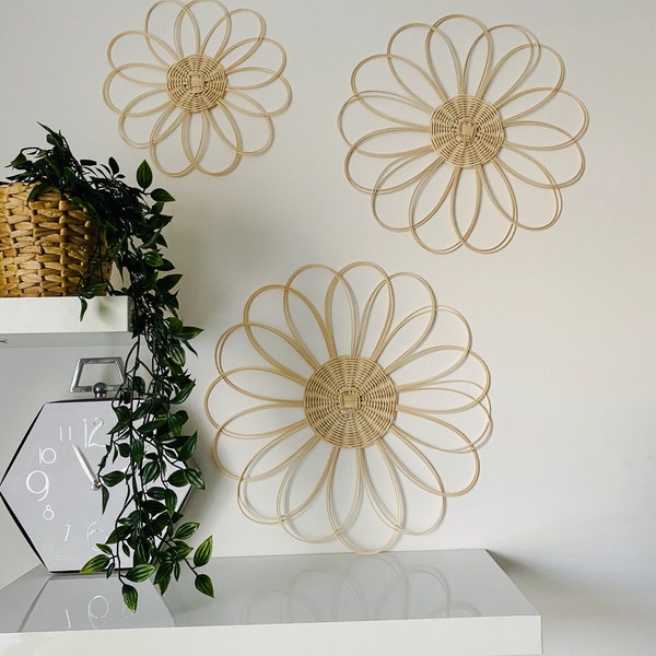 Handmade 3X Rattan Flower Wall Hanging | Chic Style Wall Decor | Boho Decor | Wicker Daisy Shelf Decor | Nursery Kitchen Hall Room Decor