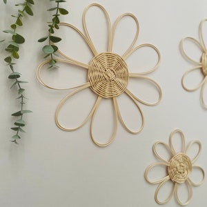 Handmade Set of 3 Rattan Flower Wall Hanging | Nursery Wall Decor | Boho Wall Decor | Wicker Daisy Shelf Decor | Kitchen Hall Room Decor