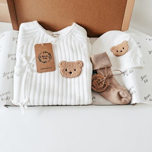 Newborn Bear Gift Set of 3| Milk White Cotton Romper, Beige Socks, Bear Beanie Hat | Cute Gender Neutral Baby Gifts for Babyshower