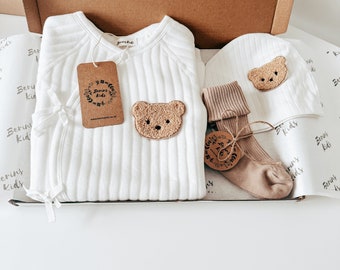 Newborn Bear Gift Set of 3| Milk White Cotton Romper, Beige Socks, Bear Beanie Hat | Cute Gender Neutral Baby Gifts for Babyshower