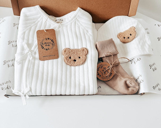 Newborn Bear Gift Set of 3| Milk White Cotton Romper, Beige Socks, Bear Beanie Hat | Cute Gender Neutral Baby Gifts for Babyshower