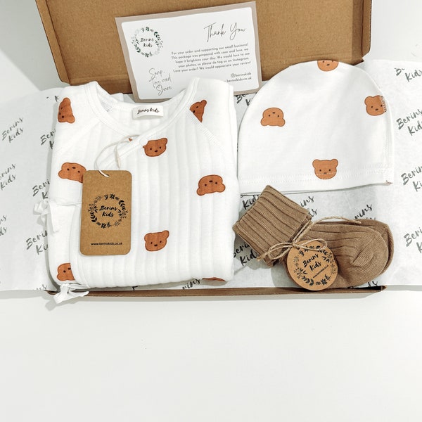 Newborn Bear Gift Set of 3| Multi Bear Cotton Romper, Beige Socks, Multi Bear Beanie Hat | Cute Gender Neutral Baby Gifts for Babyshower