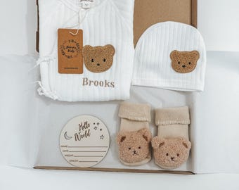 Personalised Baby Bear Gift Set of 3 or Set of 4 | Milk White Cotton Romper, Beige Bear Socks, Wooden Name Disc | Cute Gift for Babyshower