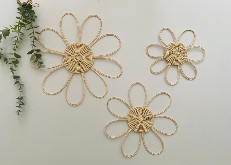 Handmade Set of 3 Rattan Flower Wall Hanging | Nursery Wall Decor ...