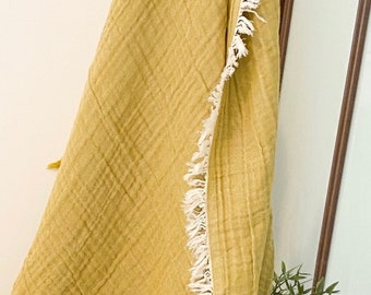 Mustard Yellow Double Sided Soft Gauze 100%Cotton Kids Baby Muslin Blanket, Newborn Toddler Girls Boys Quality Large Throw 110x120cm