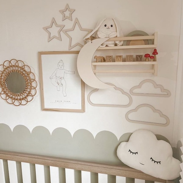 Wooden Set of 9 Wall Decor, Moon, Cloud, Star, Balloon | Boho Style Nursery Wall Shelf Decor, Girls Boys Baby Room Hanging, Wooden Wall Art