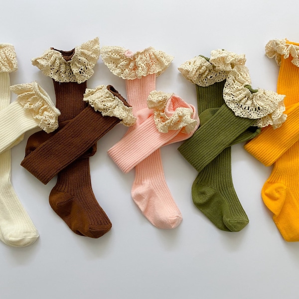 Baby girls 100% cotton socks, super cute knee high lace ruffle socks, ivory ecru brown camel colour newborn laced socks