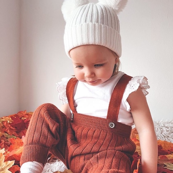 Baby Toddlers Knitted Dungarees Trousers with Suspenders | Toddler Leggings for Girls Boys | Sage, Brick Red, Beige Outfit