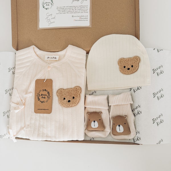 Newborn Bear Gift Set of 3| Cream Cotton Romper, Beige Bear Socks, Bear Beanie Hat | Cute Gender Neutral New Baby Gifts for Babyshower