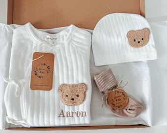 EMBROIDERED-PERSONALISED Baby Bear Gift Set of 3| Milk White Cotton Romper, Beige Socks, Bear Beanie Hat |Gender Neutral Babyshower Gifts