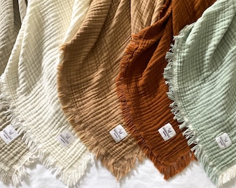 Muslin Baby Blanket: 100% Cotton Gauze Throw, Fringe Detail (110x110cm)