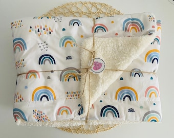 Rainbow Baby Blanket: Cotton Top, Sherpa Fleece Backing (100x100cm)