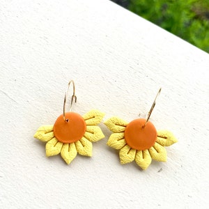 Sunflower clay earrings yellow clay earrings, flower Halloween trendy earrings, jewelry, clay earrings, sunflower earrings, fall hoop