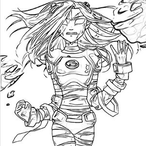 May include: Line art illustration of a female character in a futuristic suit, with flowing hair and a distressed expression. The character is surrounded by stylized energy effects, with one arm raised and the other clenched.
