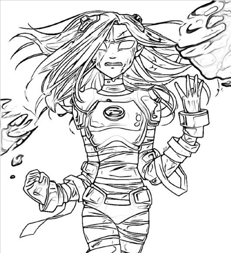 May include: Line art illustration of a female character in a futuristic suit, with flowing hair and a distressed expression. The character is surrounded by stylized energy effects, with one arm raised and the other clenched.