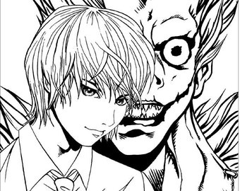 May include: Black and white anime-style illustration featuring two characters. One is a young person in a collared shirt and tie, the other is a monstrous figure with sharp teeth and wild hair. The artwork is detailed and stylized.