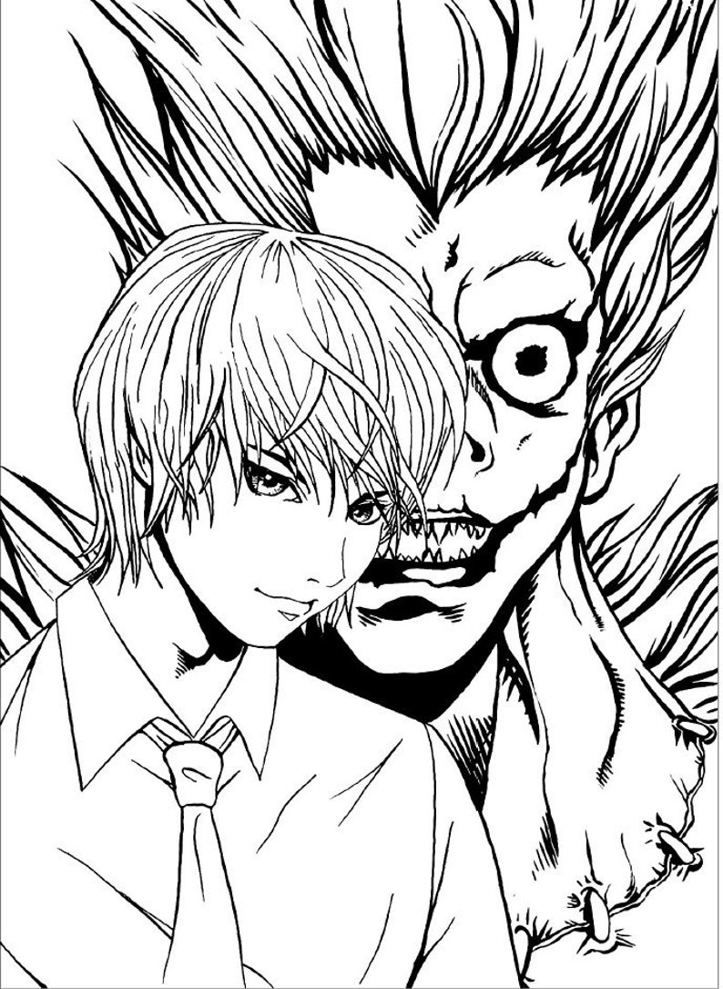 May include: Black and white anime-style illustration featuring two characters. One is a young person in a collared shirt and tie, the other is a monstrous figure with sharp teeth and wild hair. The artwork is detailed and stylized.