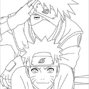 May include: Line art illustration of two anime characters. One character is wearing a mask and headband, saluting. The other character is in front, with spiky hair and a headband. Both characters have detailed facial features.