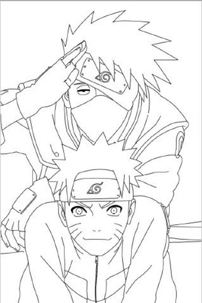 May include: Line art illustration of two anime characters. One character is wearing a mask and headband, saluting. The other character is in front, with spiky hair and a headband. Both characters have detailed facial features.