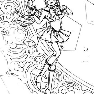 May include: Black and white line art illustration of a manga-style character in a sailor outfit. The character has two buns, a skirt, and high heels. The background features ornate, swirling patterns.
