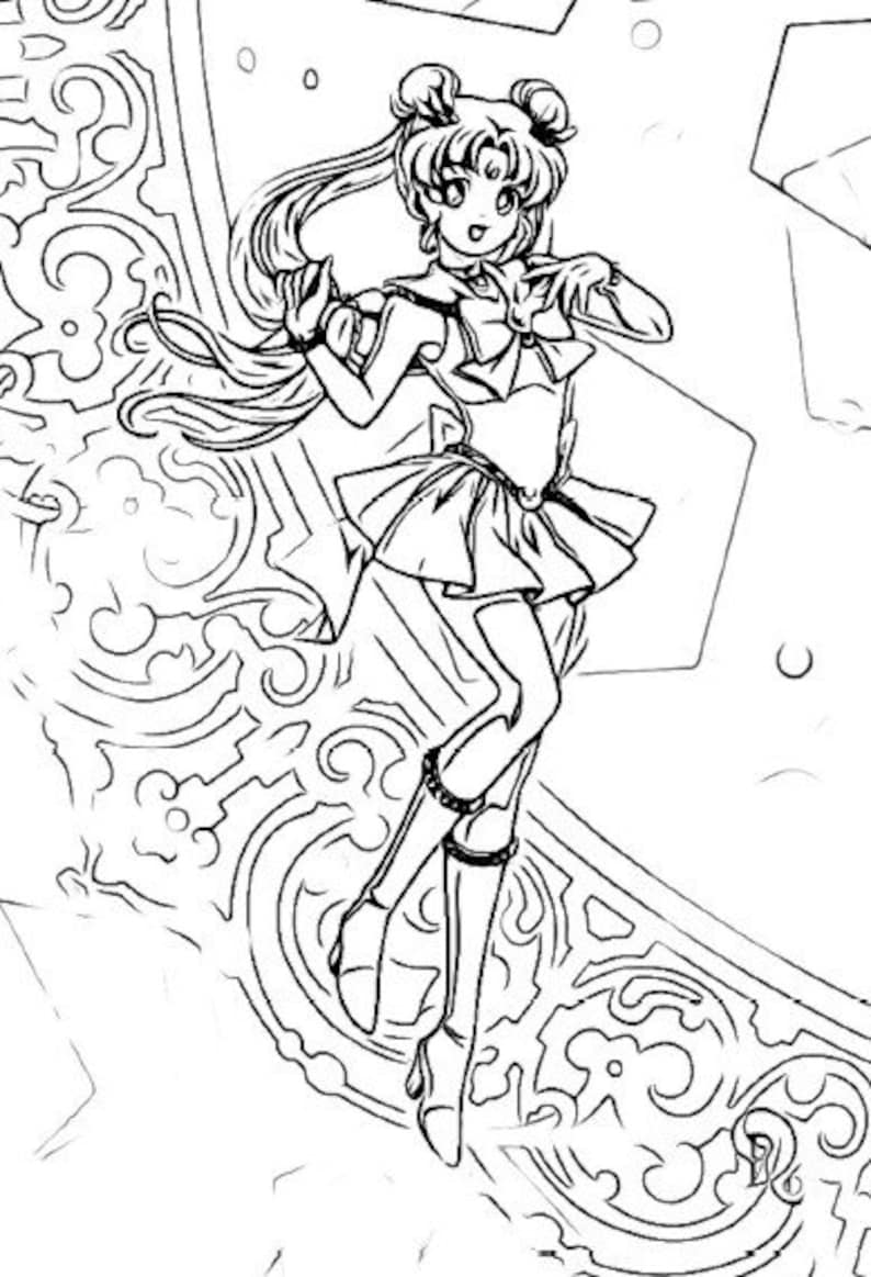 May include: Black and white line art illustration of a manga-style character in a sailor outfit. The character has two buns, a skirt, and high heels. The background features ornate, swirling patterns.