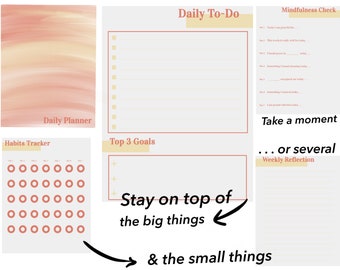 May include: A printable daily planner with sections for daily to-do, mindfulness check, habits tracker, top 3 goals, and weekly reflection. The planner has a peach and cream color scheme with a handwritten font.