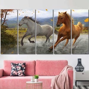 Picture HD Print Decorative Canvas Art Horse Animals Water Landscape Fall Artwork Digital 2D Illustration Drawing Mountains Sky Clouds
