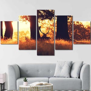 Art Canvas Framed Print Elk Nature Sun Rays Animals Sunlight Trees