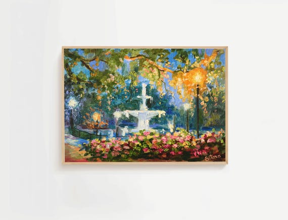 Forsyth Park Fountain with Azalea Blooms – Savannah GA Spring Art Poster Vintage Lantern