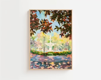 Poster Forsyth Park Fountain  Savannah GA Iconic Southern Garden Watercolor Poster Print