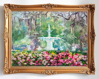 Savannah Forsyth Park Oil Painting: Azaleas, Fountain, Spanish Moss