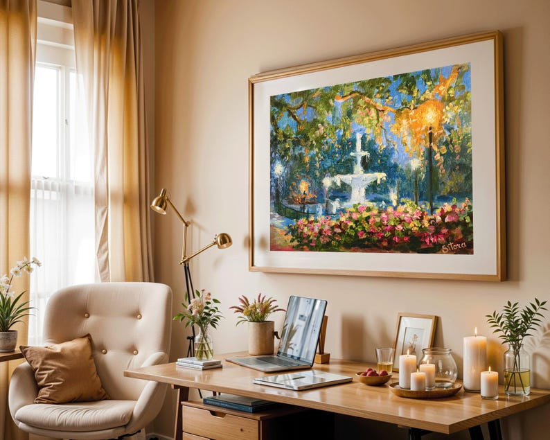 May include: A framed painting of a fountain in a park, with a wooden desk, laptop, and candles in front of it. The painting features a white fountain, pink flowers, and lush greenery. The room has beige walls and curtains, with a gold desk lamp and a beige armchair.