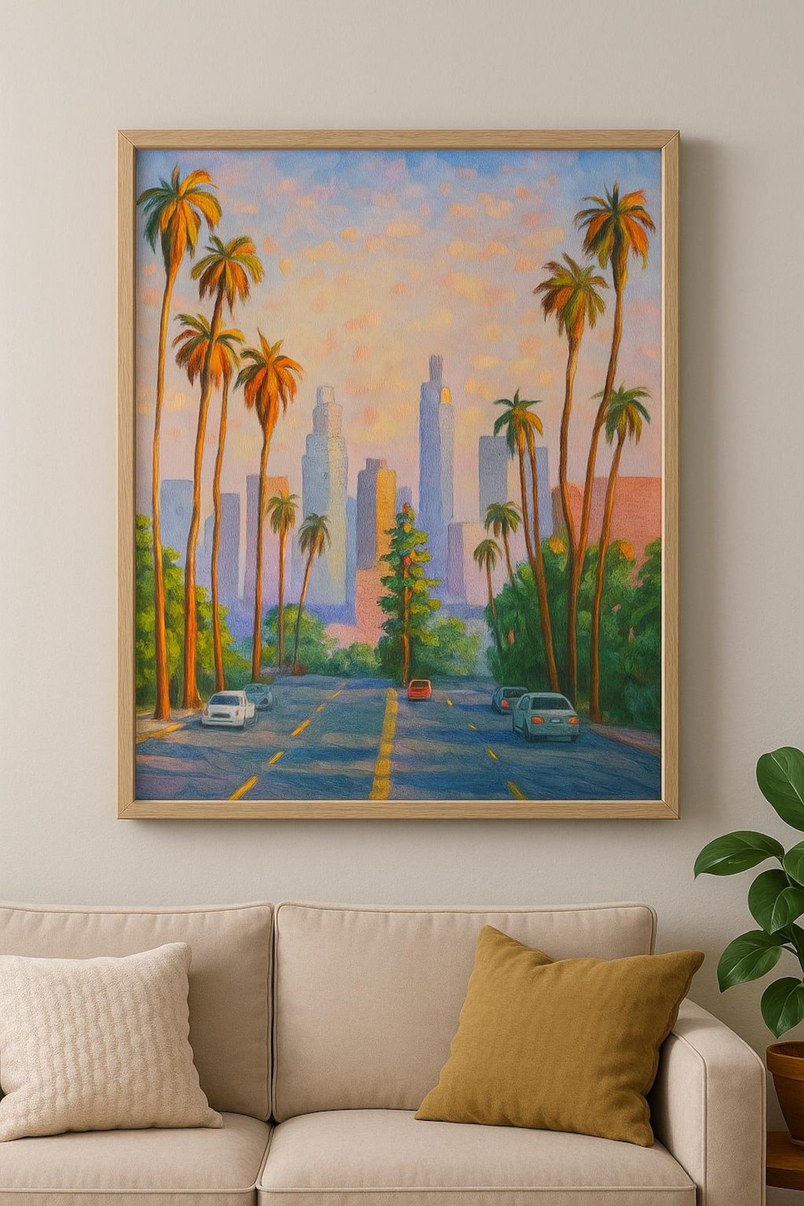 Los Angeles Sunset Oil Painting: Palm Trees & Cityscape - 18x24 Linen ...