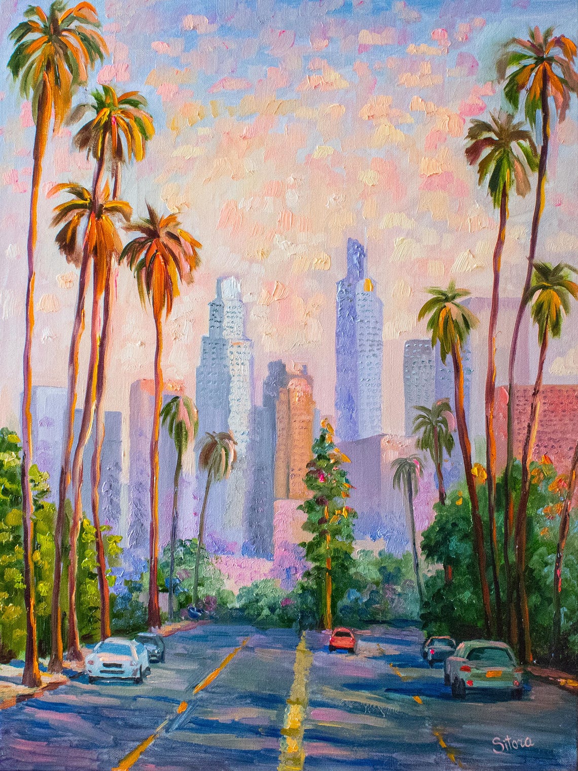 Los Angeles Sunset Oil Painting: Palm Trees & Cityscape - 18x24 Linen ...
