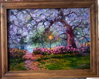 Impasto Oil Painting: Azalea Blossom, Forsyth Park Savannah GA - 18x24