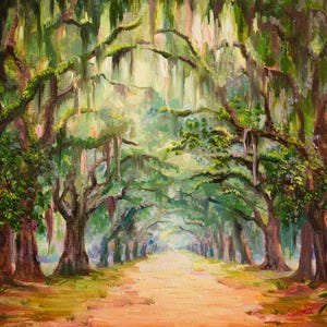 May include: Oil painting depicting a tree-lined avenue. The artwork shows a canopy of green trees with hanging moss, forming a tunnel. The path is light brown, and the painting has a warm, inviting atmosphere.