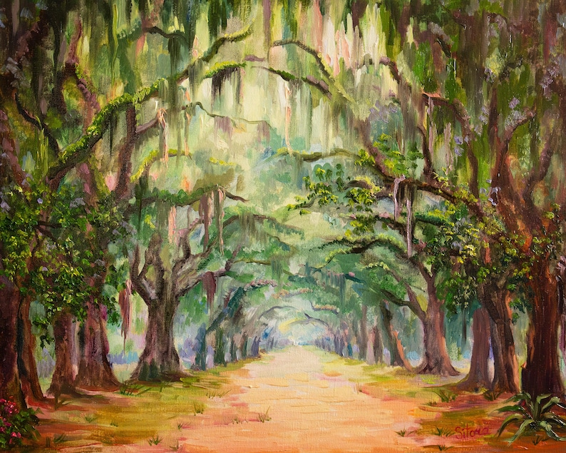 May include: Oil painting depicting a tree-lined avenue. The artwork shows a canopy of green trees with hanging moss, forming a tunnel. The path is light brown, and the painting has a warm, inviting atmosphere.