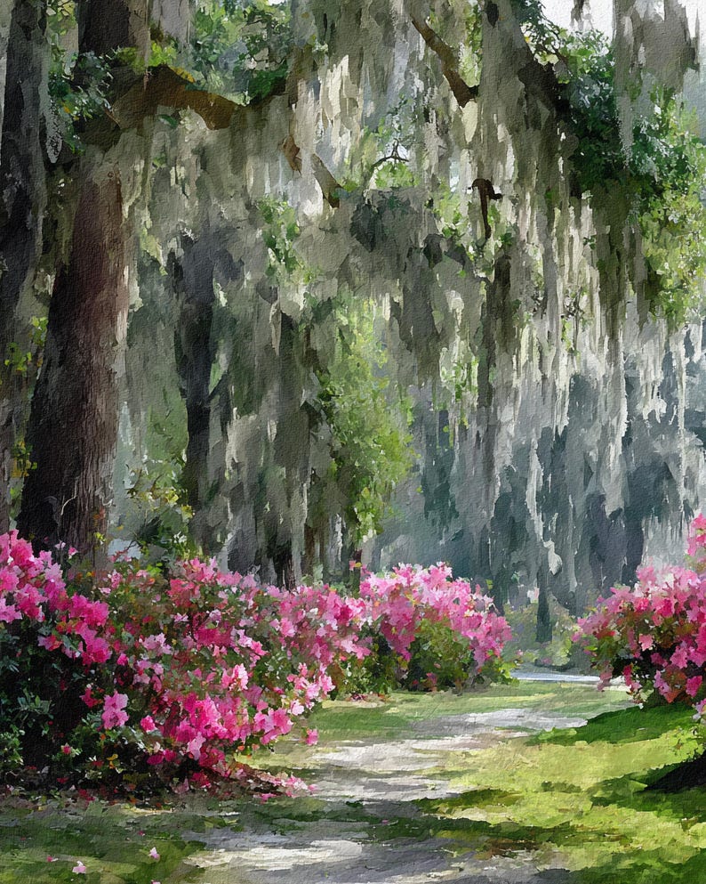 May include: A scenic landscape painting of a garden path lined with vibrant pink azalea bushes. Overhead, trees are draped with Spanish moss, creating a soft, diffused light. The path leads into the distance, inviting the viewer to explore the tranquil scene.