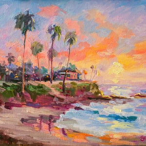 Laguna Beach Sunset Oil Painting on Linen: California Coastal Art