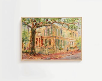 May include: A framed painting depicts a historic building with a large tree in the foreground. The artwork uses warm colors, with the building in shades of yellow and green. A person walks a dog on the sidewalk in front of the building.