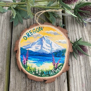 Hand-Painted Oregon Wood Ornament: Pine Tree Slice