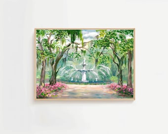 Savannah Fountain Art Print: Forsyth Park Southern Landscape Poster