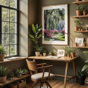 May include: A cozy home office with a wooden desk, chair, and shelves filled with plants and books. A large framed landscape painting hangs on the wall. The room is bathed in natural light from a large window.