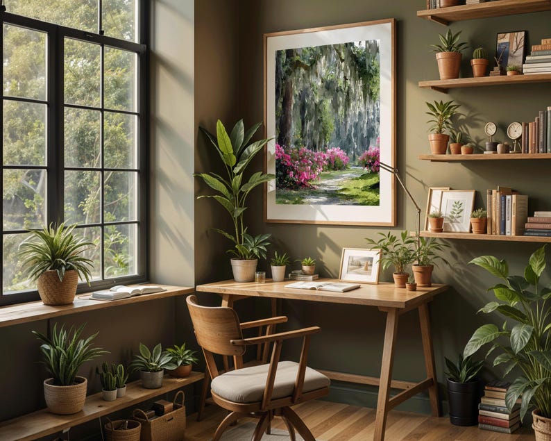 May include: A cozy home office with a wooden desk, chair, and shelves filled with plants and books. A large framed landscape painting hangs on the wall. The room is bathed in natural light from a large window.