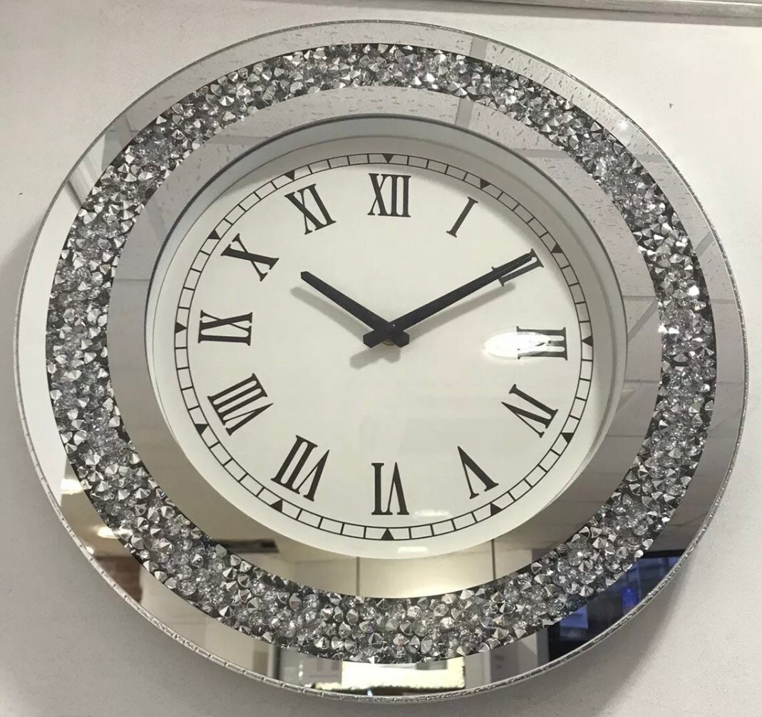 Diamond Crush Crystal Large Sparkly Mirrored Round Wall Clock Etsy