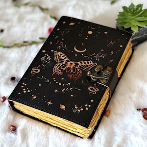 Luna Moth Leather Journal: Blank Spell Book of Shadows with Lock